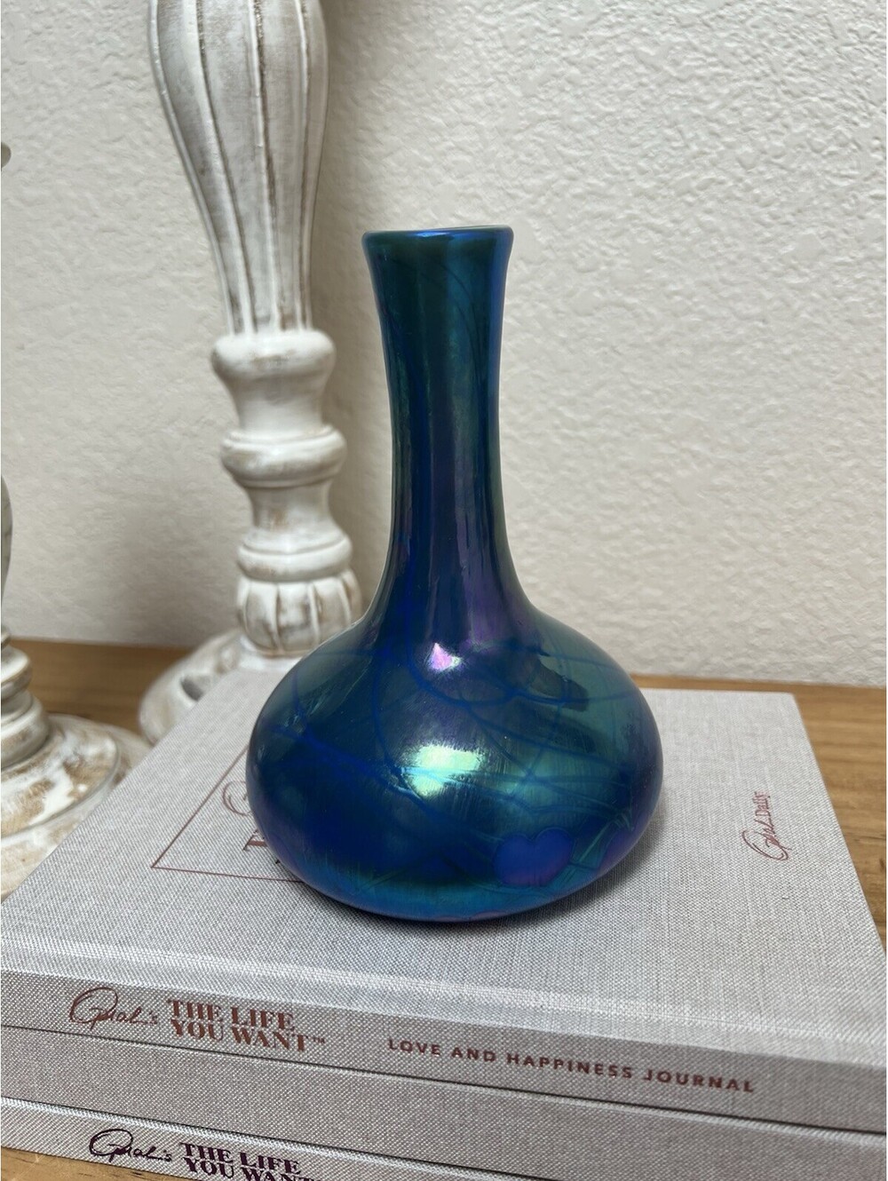 Loetz Style Art Glass Bud Vase Blue Iridescent Heart and Vine 7”